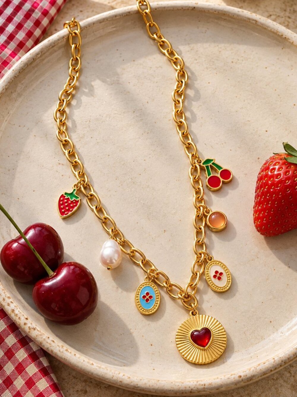 Enamel Fruit Charm Necklace Y2K Coquette Kidcore 18K Gold Plated Stainless Sz18"
